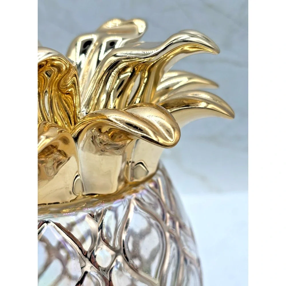 Bath & Body Works Glass Pineapple 3-Wick‎ Candle Holder Pedestal Gold Iridescent